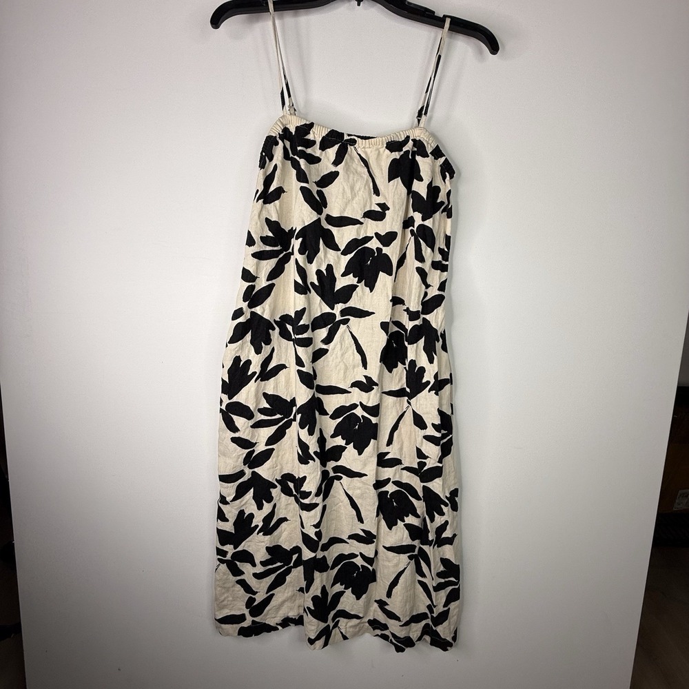 A New Day Women's Linen Blend Sun Dress Strap Black And Tan Pockets XS
